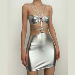 Metallic o ring halter self tie backless hollow out mini dress  | red tango dress