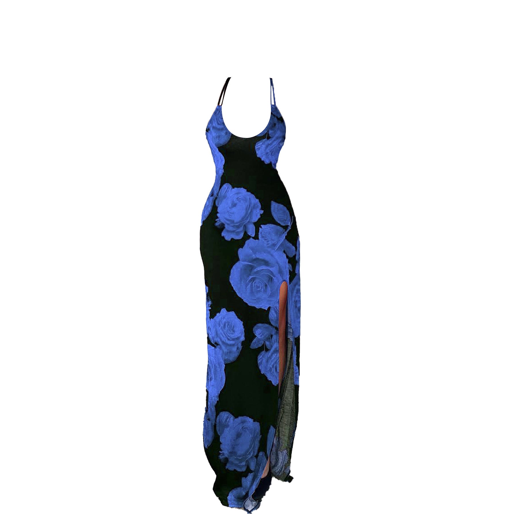 Rose print u neck slit cross back cami maxi dress  | red tango dress