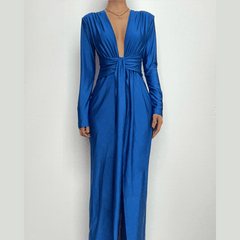 Long sleeve v neck ruched slit solid irregular maxi dress  | red tango dress