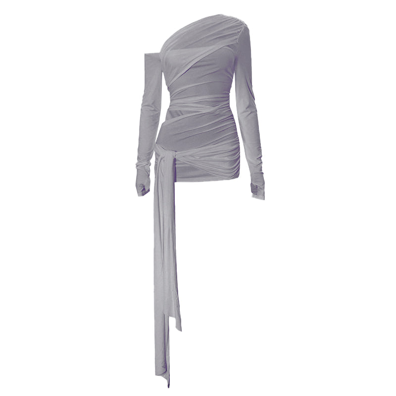 One shoulder long sleeve ruched hollow out knotted top