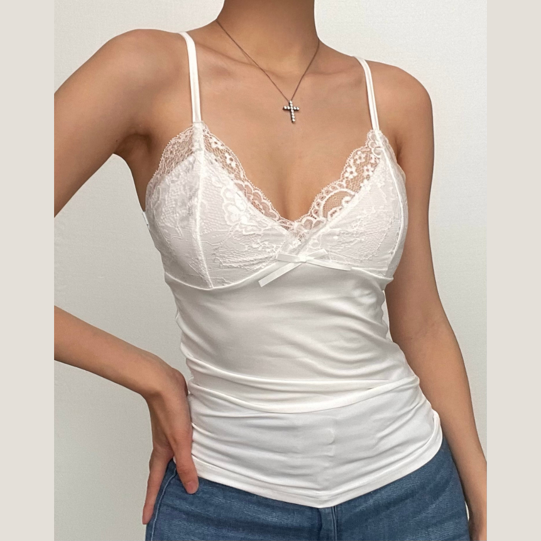 Bowknot v neck lace backless patchwork solid cami top