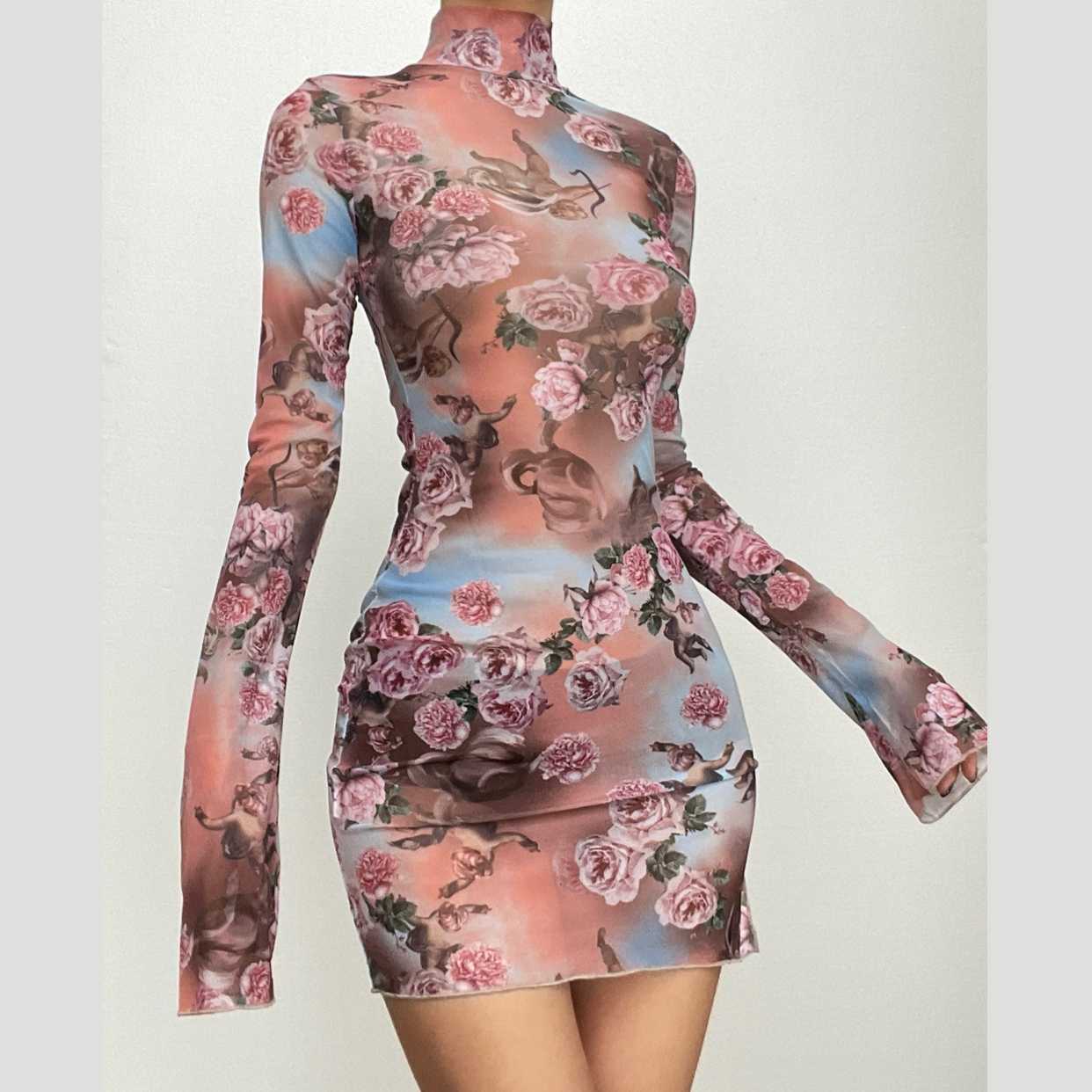 Sheer mesh see through print high neck slit long sleeve mini dress  | samba dress
