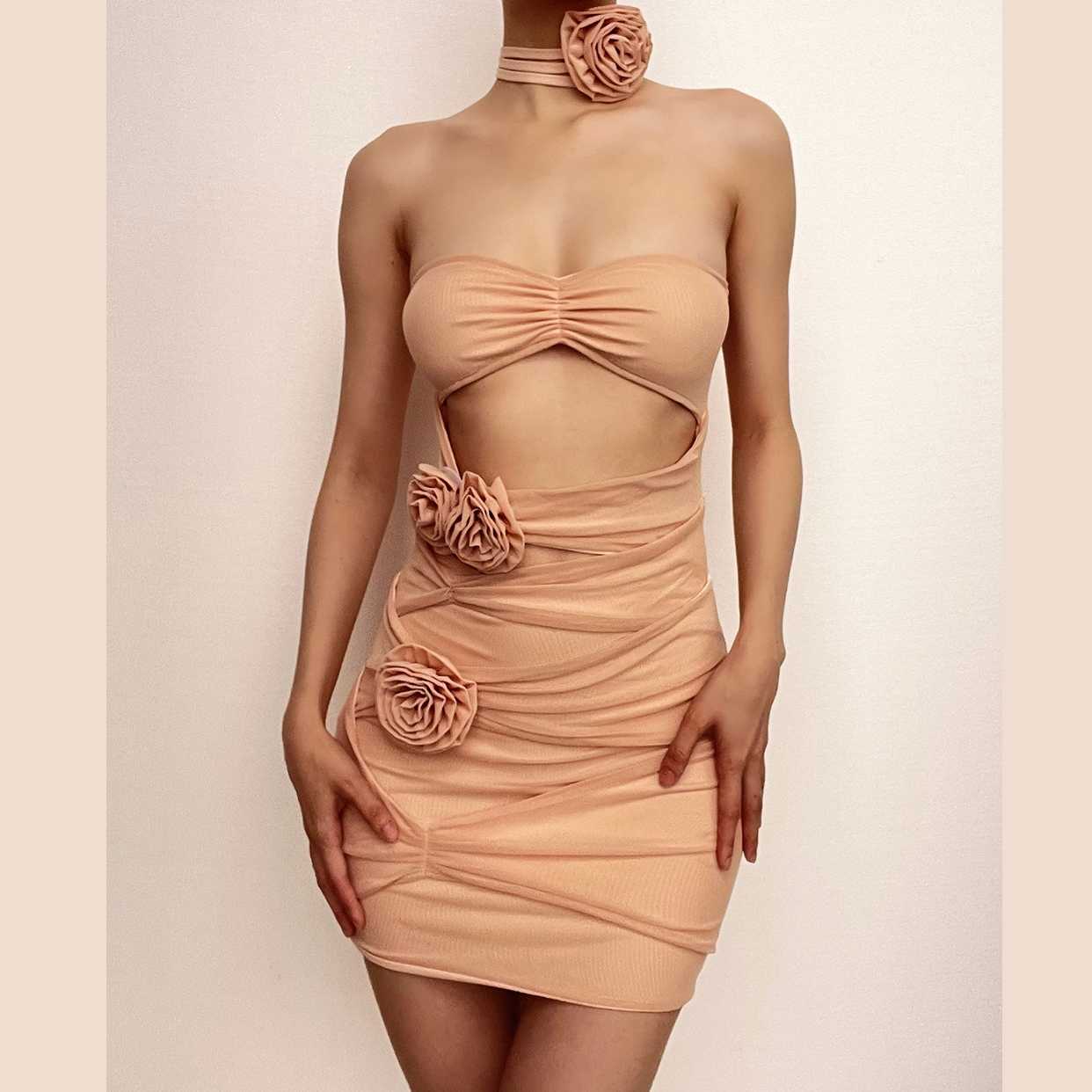 Sheer mesh hollow out flower applique zip-up solid tube mini dress  | samba dress