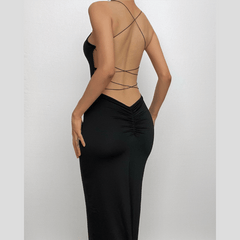 Cross back lace up square neck backless self tie slit maxi dress  | black rave dress  | black rave dress