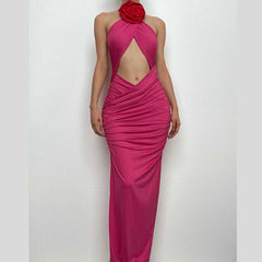 Ruched halter flower applique hollow out cross front contrast maxi dress  | red tango dress  | black rave dress