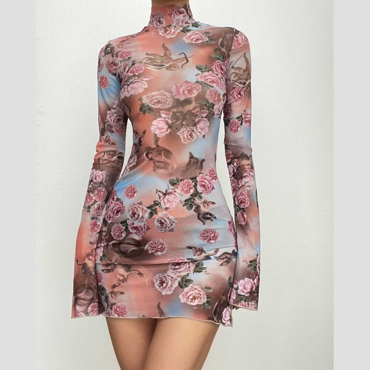 Sheer mesh see through print high neck slit long sleeve mini dress  | samba dress