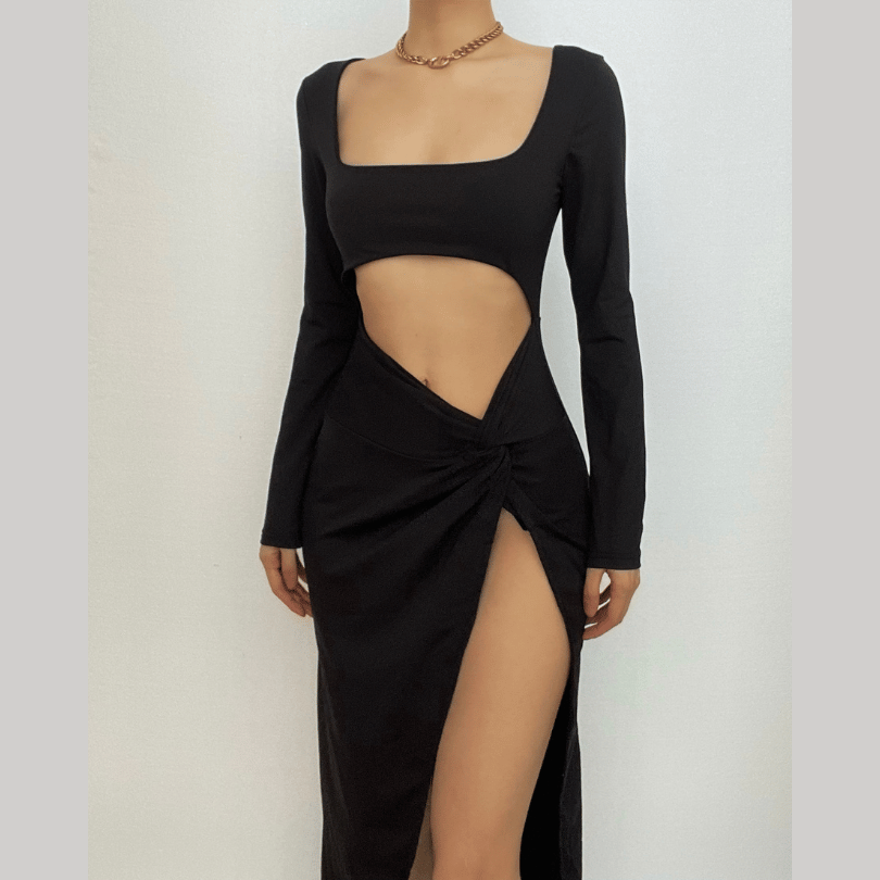 Long sleeve solid hollow out ruched slit knotted midi dress  | red tango dress