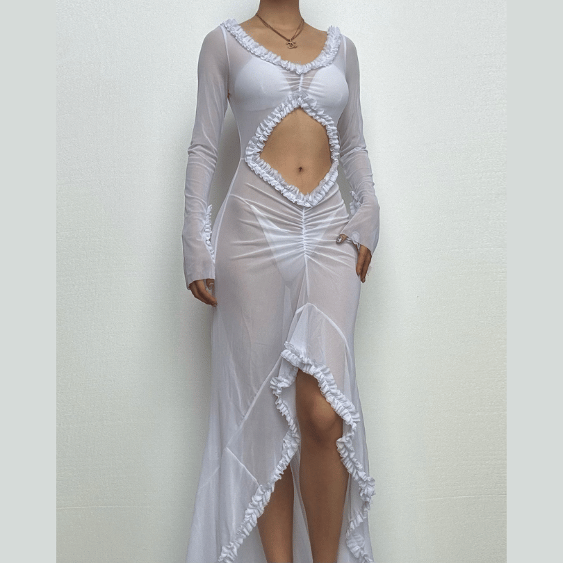Long sleeve ruffle hollow out v neck sheer mesh cut out maxi dress  | samba dress