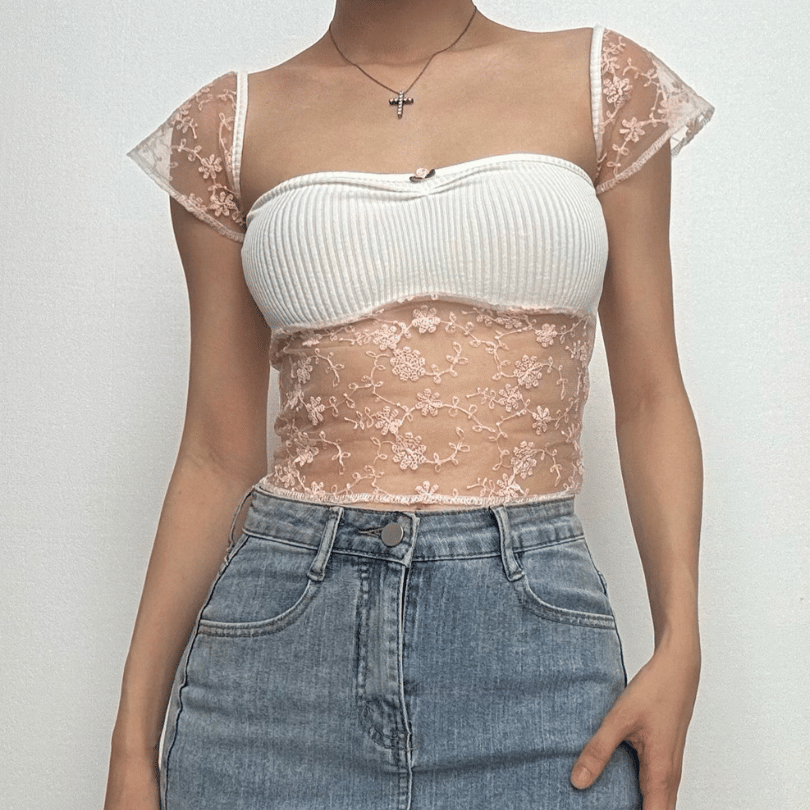 Cap sleeve lace flower embroidery ribbed top