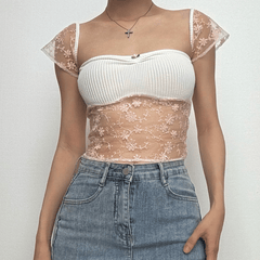 Cap sleeve lace flower embroidery ribbed top