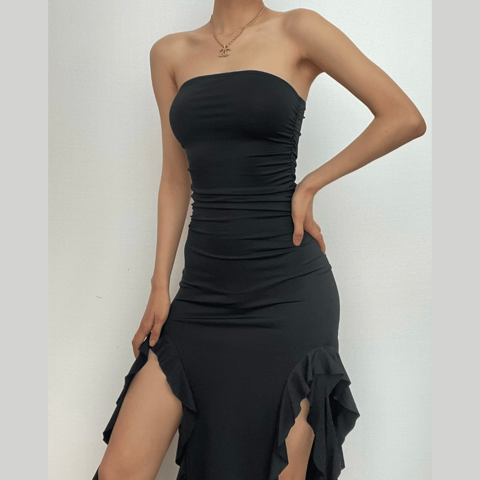 Solid slit irregular ruffle ribbon backless tube midi dress  | red tango dress