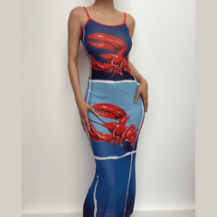 Sheer mesh lobster see through contrast print ruffle cami midi dress  | samba dress