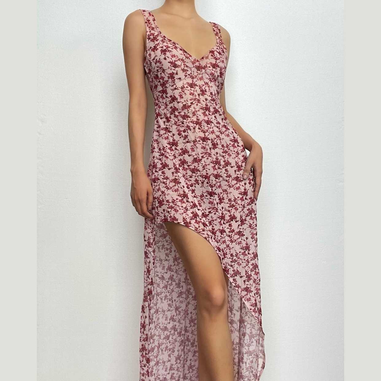 Chiffon flower print contrast backless v neck sleeveless maxi dress  | red tango dress
