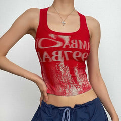 Ribbed halter u neck backless contrast print top
