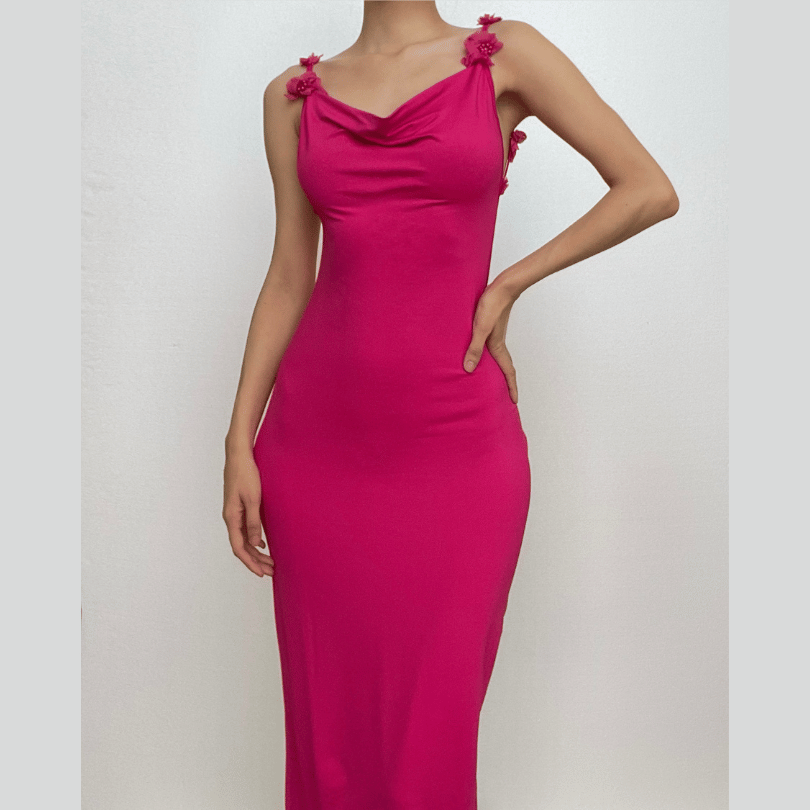 Flower applique cowl neck backless solid maxi dress  | red tango dress