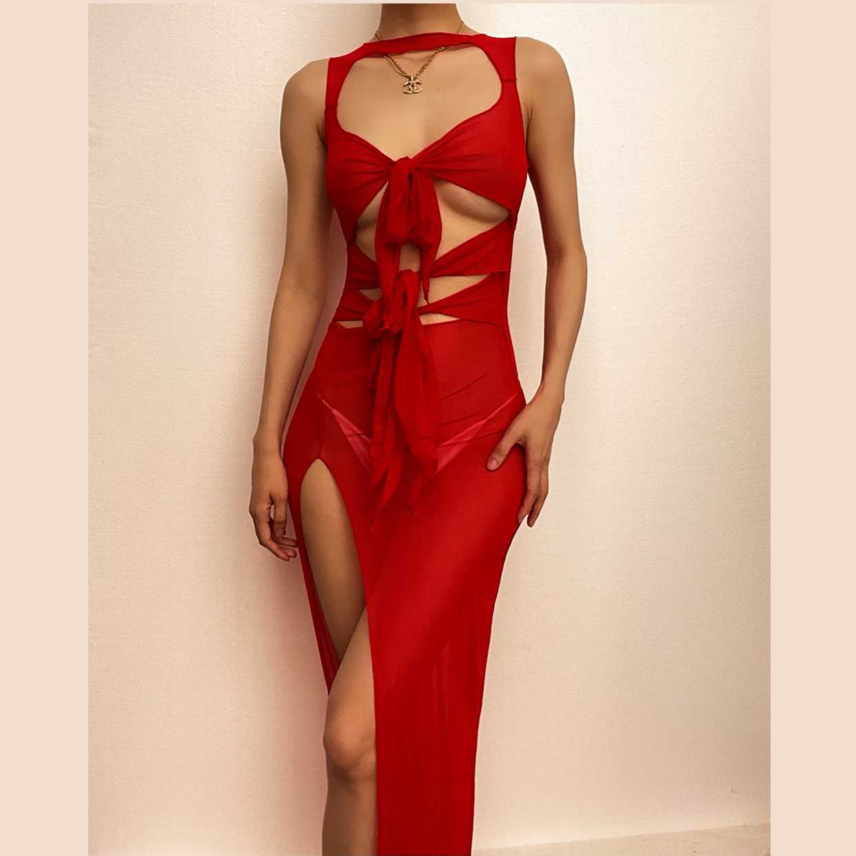 Sheer mesh see through knotted hollow out slit maxi dress  | red tango dress  | samba dress