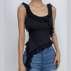 Ruffle u neck solid sleeveless irregular crop top