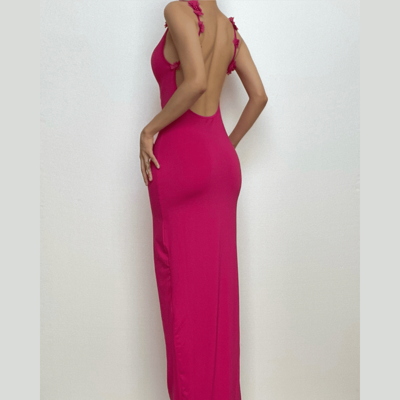 Flower applique cowl neck backless solid maxi dress  | red tango dress