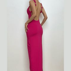 Flower applique cowl neck backless solid maxi dress  | red tango dress