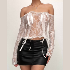 Long sleeve off shoulder bowknot lace ribbon top