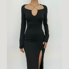 Cross front long sleeve slit notch neck solid midi dress  | black rave dress  | black rave dress