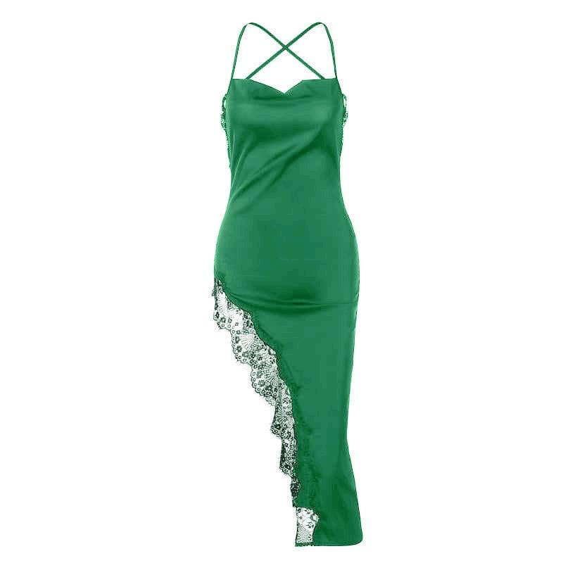 Hem lace slit satin cross open back dress  | black rave dress  | black rave dress