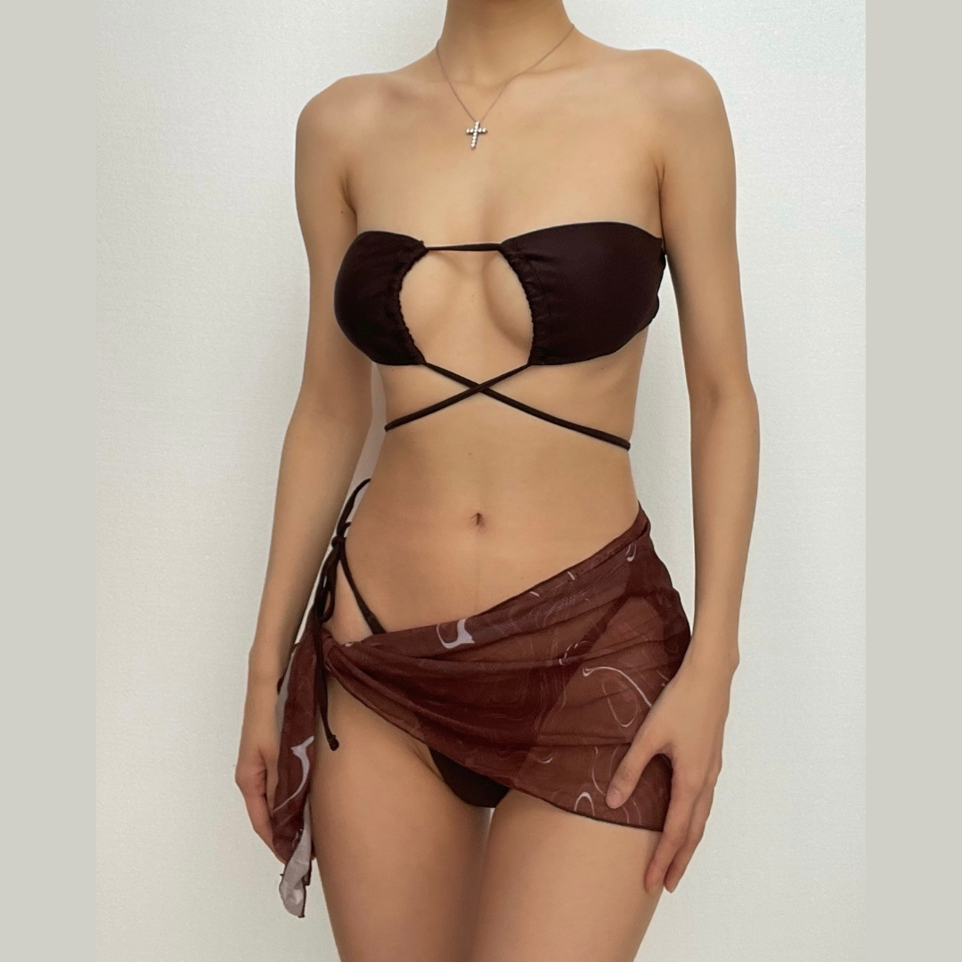 Cross front halter hollow out self tie mini dress 3 piece swimwear  | red tango dress