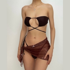 Cross front halter hollow out self tie mini dress 3 piece swimwear  | red tango dress