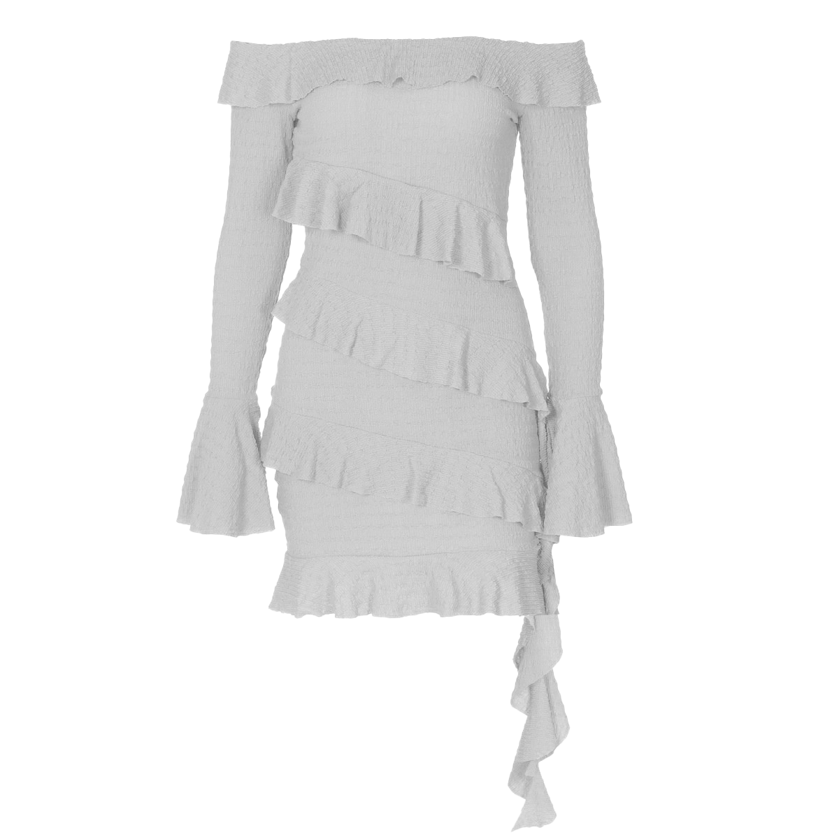 Off shoulder long flared sleeve ruffle mini dress