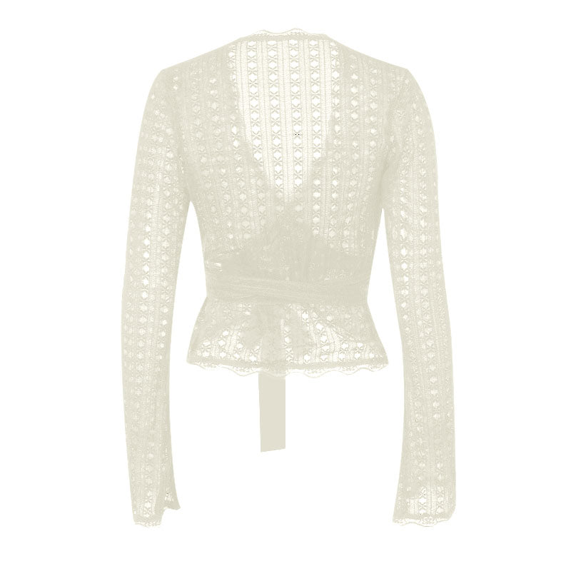 Long flared sleeve v neck lace hem knotted top