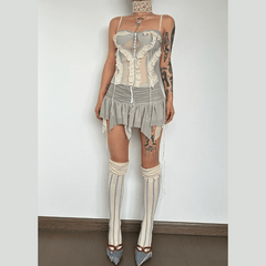 Mesh patchwork ruffle button contrast backless cami ruched skirt set