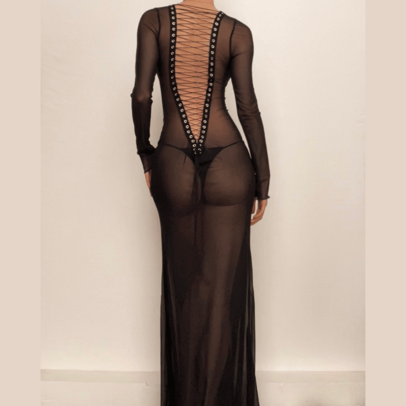Long sleeve lace up sheer mesh see through maxi dress  | red tango dress  | samba dress