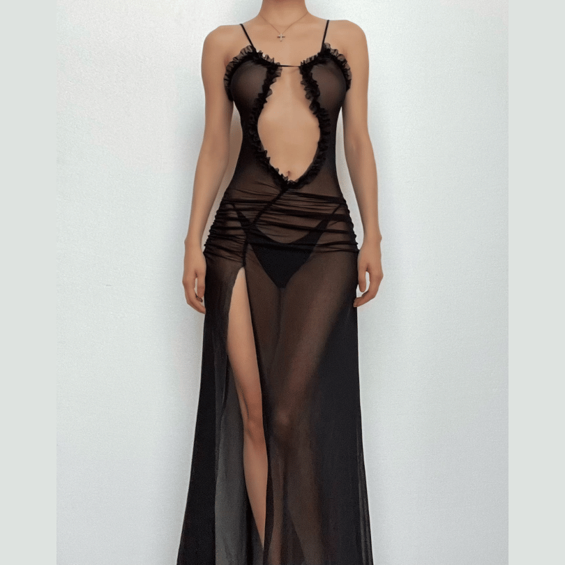Sheer mesh hollow out ruched high slit cami cut out maxi dress  | samba dress