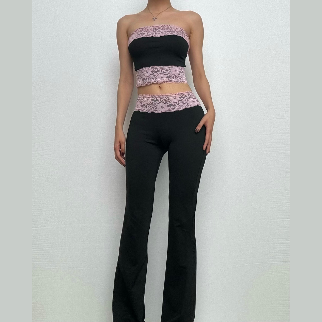 Lace patchwork contrast backless tube top