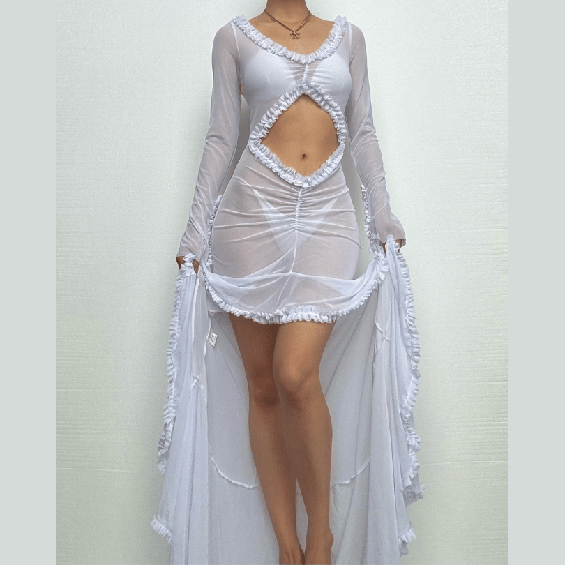 Long sleeve ruffle hollow out v neck sheer mesh cut out maxi dress  | samba dress
