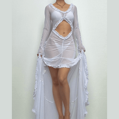 Long sleeve ruffle hollow out v neck sheer mesh cut out maxi dress  | samba dress