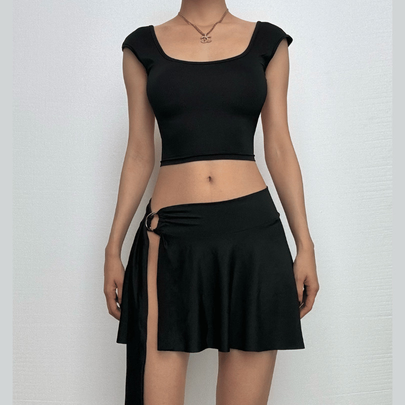 U neck backless o ring solid mini skirt set
