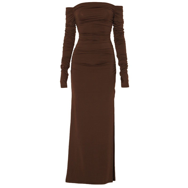 Off shoulder long sleeve slit ruched maxi dress