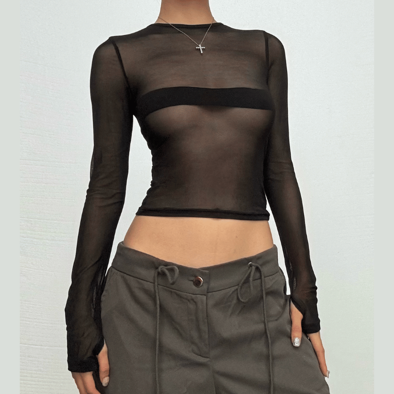 Long sleeve mesh patchwork crewneck gloves top
