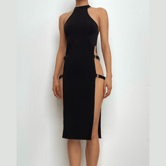 Buckle sleeveless solid slit halter mini dress  | red tango dress
