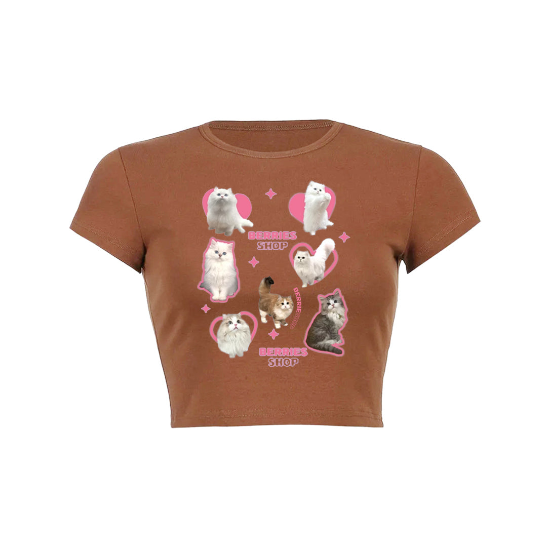 Many cat print crop top baby tee