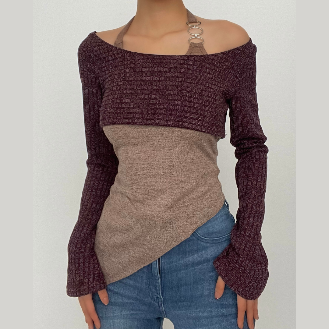 Long sleeve contrast halter o ring self tie irregular 2 piece crop top