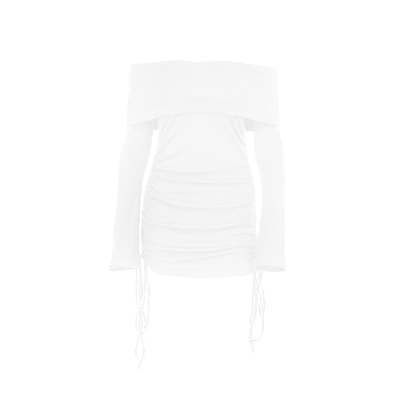 Long flared sleeve off shoulder drawstring mini dress