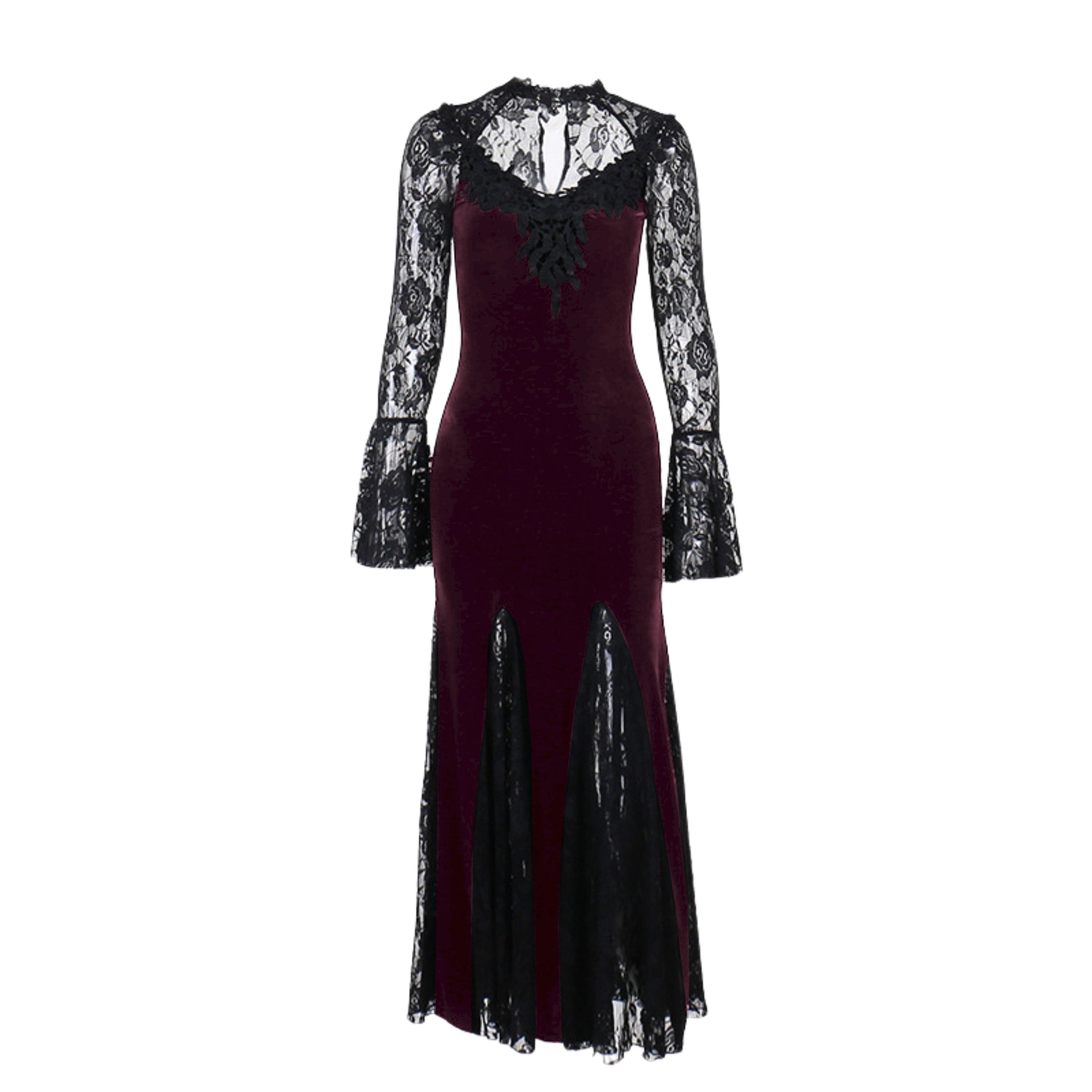 Long flared sleeve crewneck lace embroidery ruffle maxi dress  | red tango dress