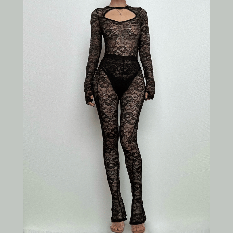 Long sleeve hollow out lace see through pant set