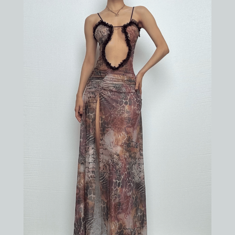 Sheer mesh hollow out ruched high slit cami cut out maxi dress  | samba dress