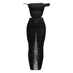 Off shoulder lace self tie backless slit maxi skirt set
