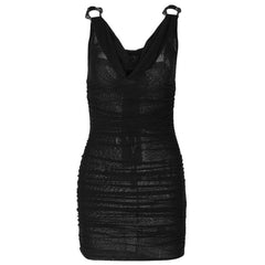Cowl neck ruched o ring sheer mesh bowknot ribbon backless cami mini dress  | samba dress
