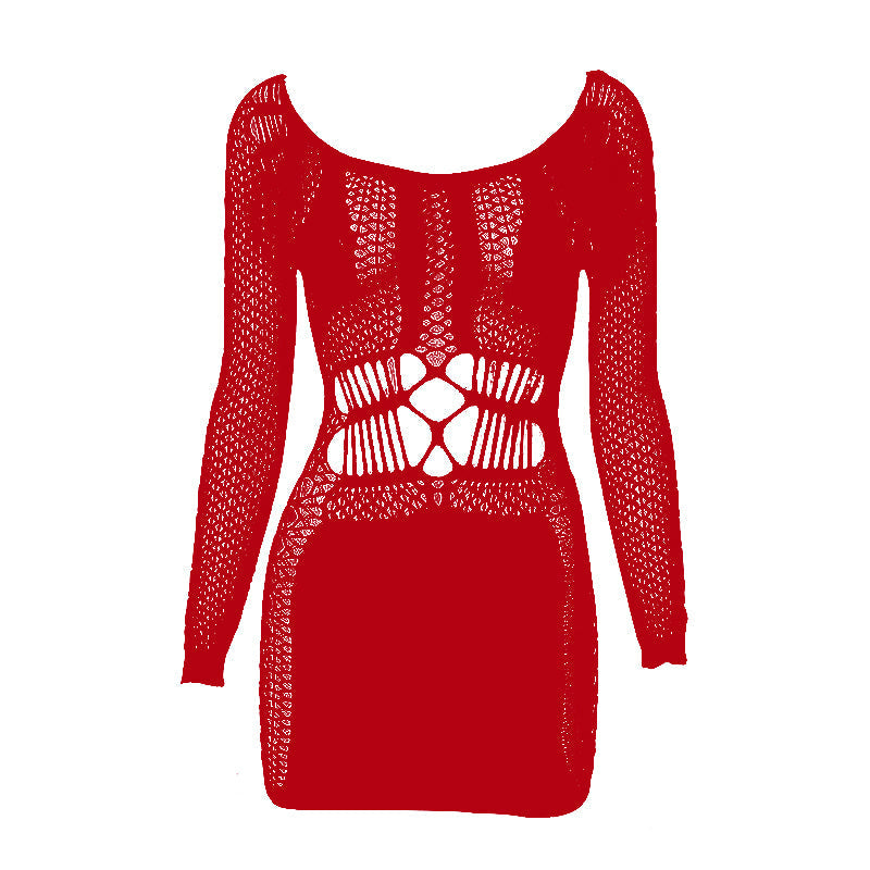 Fishnet long sleeve hollow out see through mini dress  | red tango dress
