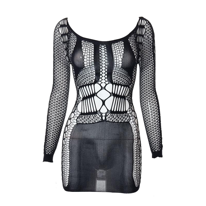 Fishnet long sleeve hollow out see through mini dress  | red tango dress